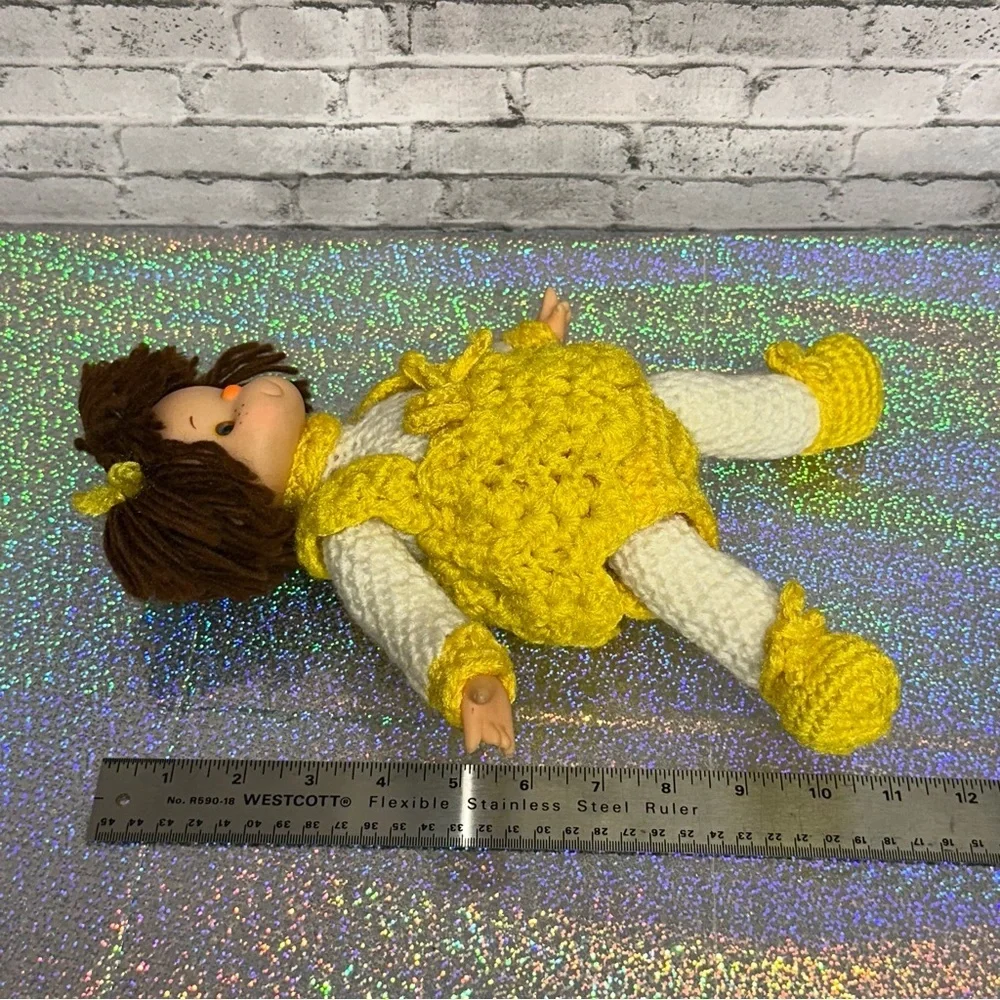 Vintage Hand Crochet Doll with Knitted Yellow Dress 11in Tall Yellow White